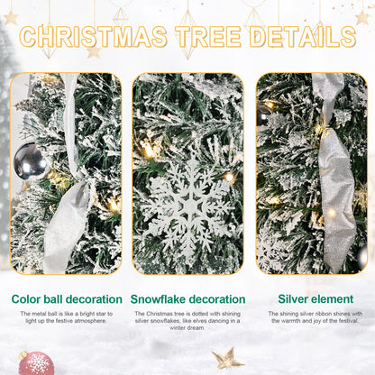 7FT Flocked Pop-Up Christmas Tree With 200 Warm White UL Lights – Pre-Decorated With  Ornaments, Snowflakes, Ribbons & L