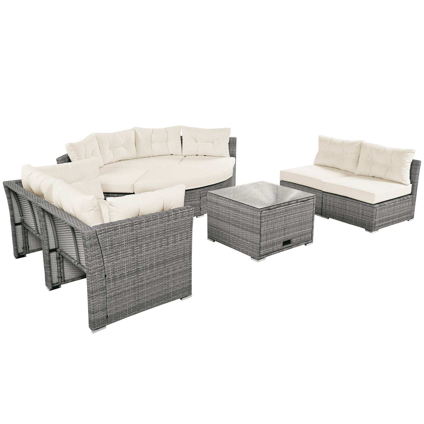 Patio Furniture Set Outdoor Daybed Rattan Sectional With Cushions and Center Table, Beige, Iron & Rattan, Multiple Sizes