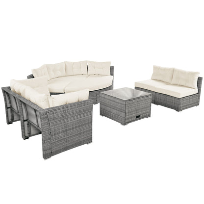 Patio Furniture Set Outdoor Daybed Rattan Sectional With Cushions and Center Table, Beige, Iron & Rattan, Multiple Sizes