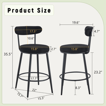 Stylish Ergonomic Bar Chairs Set With Black Breathable Cushions and Metal Legs, 35.5 Inches High, Pack of Two