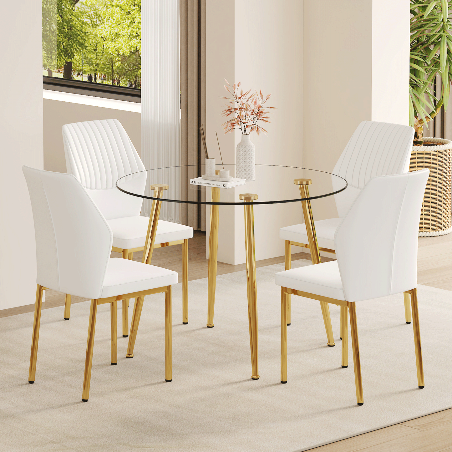 Table and Chair Set.39.7 Inch Diameter Modern Luxury Glass Dining Table and Chair Set - Gold Metal Legs.Paired With 4 WH