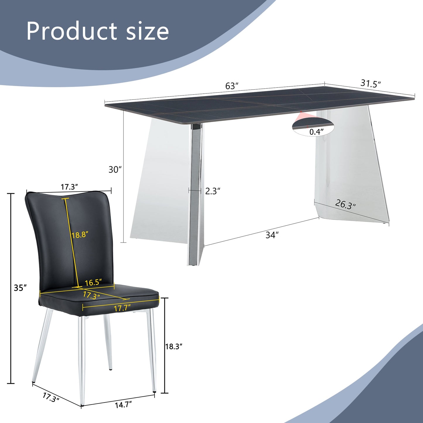 Table and Chair Set.63'x31.5x30' Black Marble-Patterned Slabs Tabletop With Stainless Steel Butterfly Legs.Paired With 4