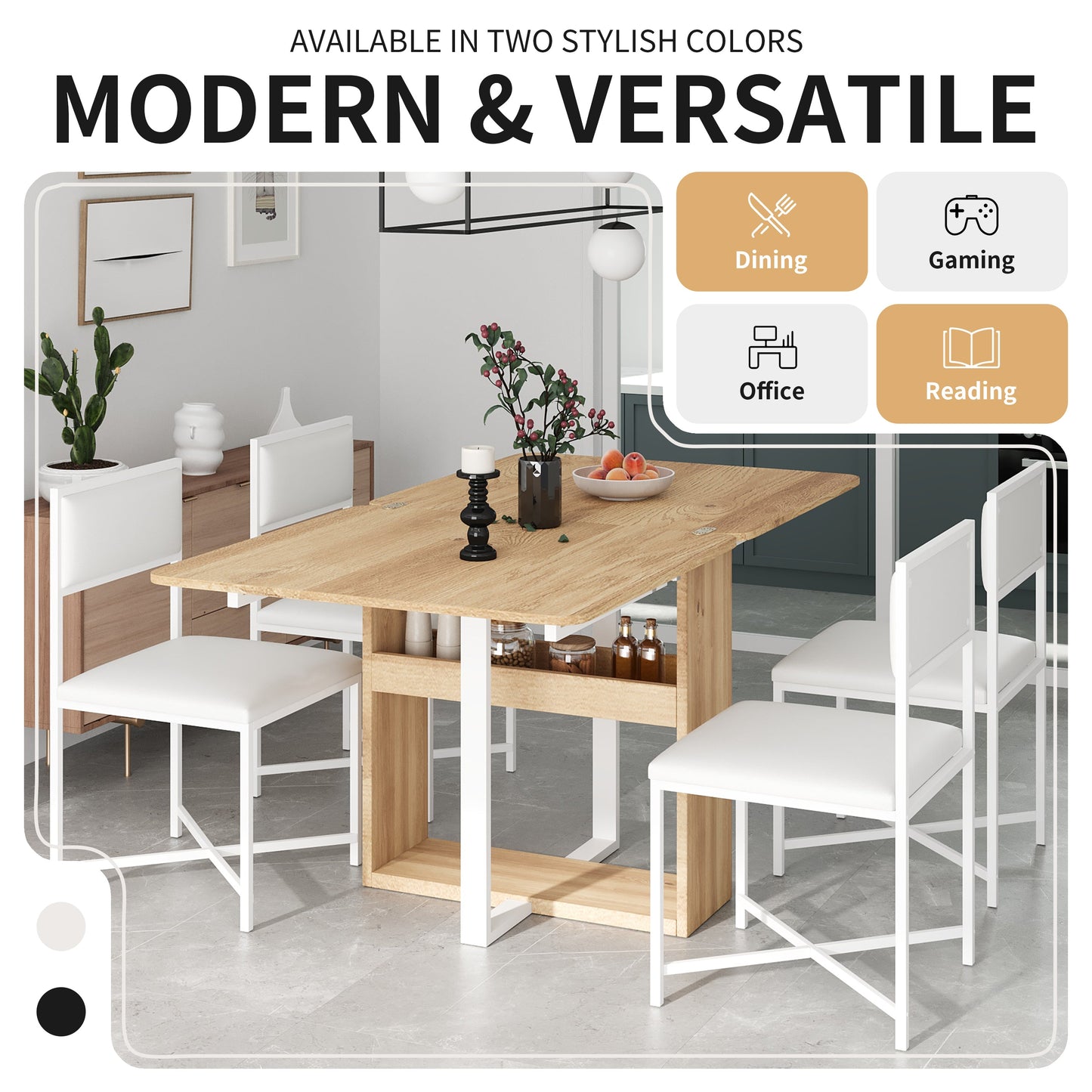 Modern Compact 63inch 5-Piece Extendable Dining Table Set, Foldable Square Kitchen Table Set With Storage Rack and 4 PU