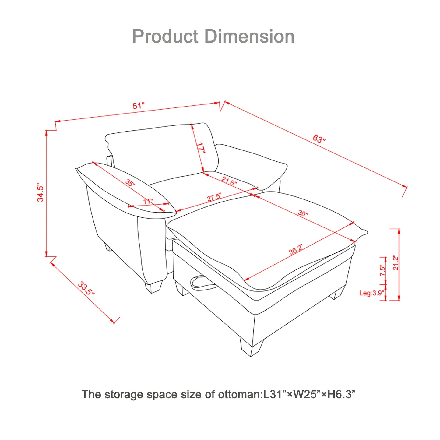 51' Oversize Chaise Lounge Chair With Ottoman and Storage  Upholstered Soft Chenille Beige