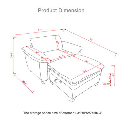 51' Oversize Chaise Lounge Chair With Ottoman and Storage  Upholstered Soft Chenille Beige