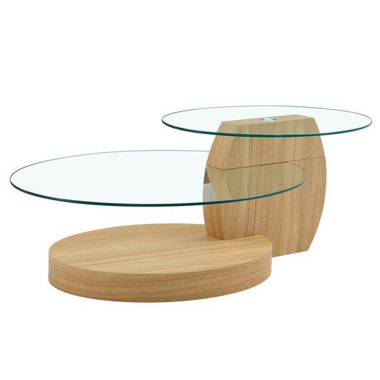 Modern Light Wood Grain Double Layer Coffee Table - Versatile Design, Multiple Colors, MDF and Reinforced Glass, Oval Co