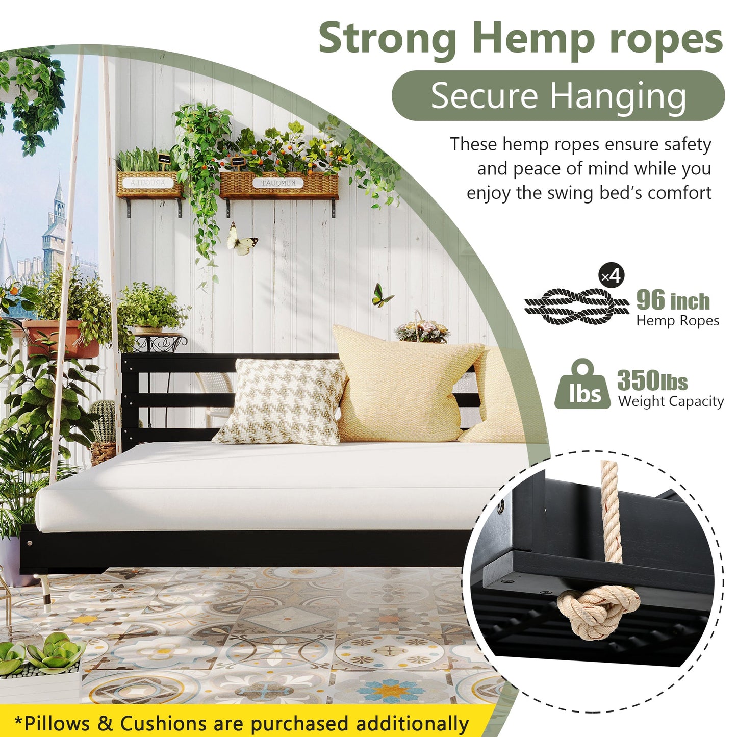 Country Patio Wooden Twin Size Swing Daybed Porch Swing Frame With 4pcs 96-Inch Hemp Ropes for Backyard, Garden, Black