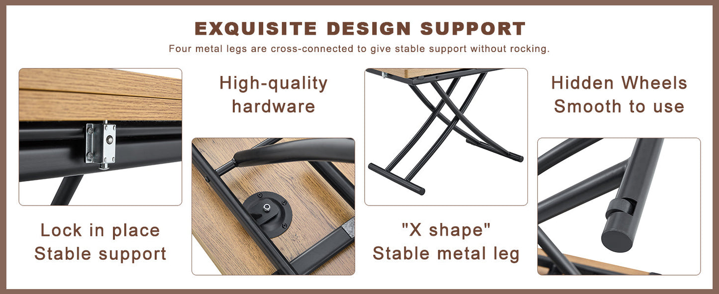 Table and Chair set.Modern Multifunctional Lifting Platform,Natural Wood Grain Sticker MDF Desktop, Black Metal Legs.Pai