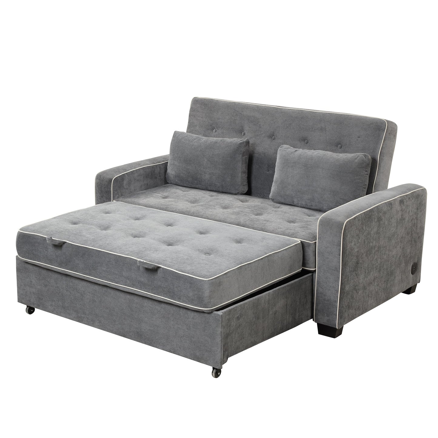 61.4' Upholstered Sleeper Bed, Pull Out Sofa Bed Couch Attached Two Throw Pillows, Dual USB Charging Port and Adjustable