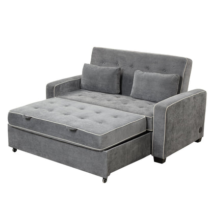 61.4' Upholstered Sleeper Bed, Pull Out Sofa Bed Couch Attached Two Throw Pillows, Dual USB Charging Port and Adjustable