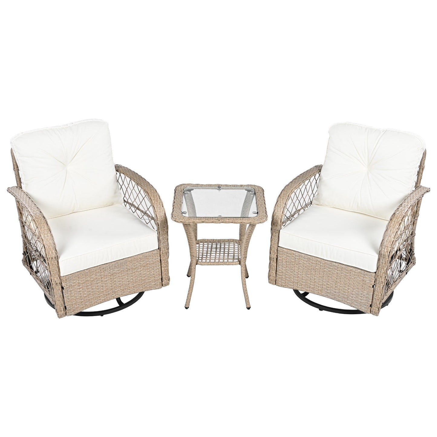 3-Piece Outdoor Chair&Table Set Chat Set 2-Person Rattan Seating Group With Two Swivel Chairs and a Square Table for Gar