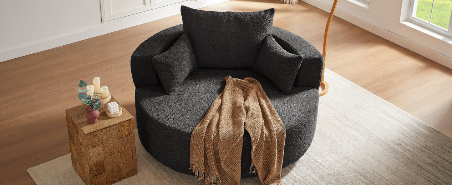 360° Swivel Accent Barrel Chair With Removable Pillows, Black Chenille, 56.3x56.3x36.5 Inches