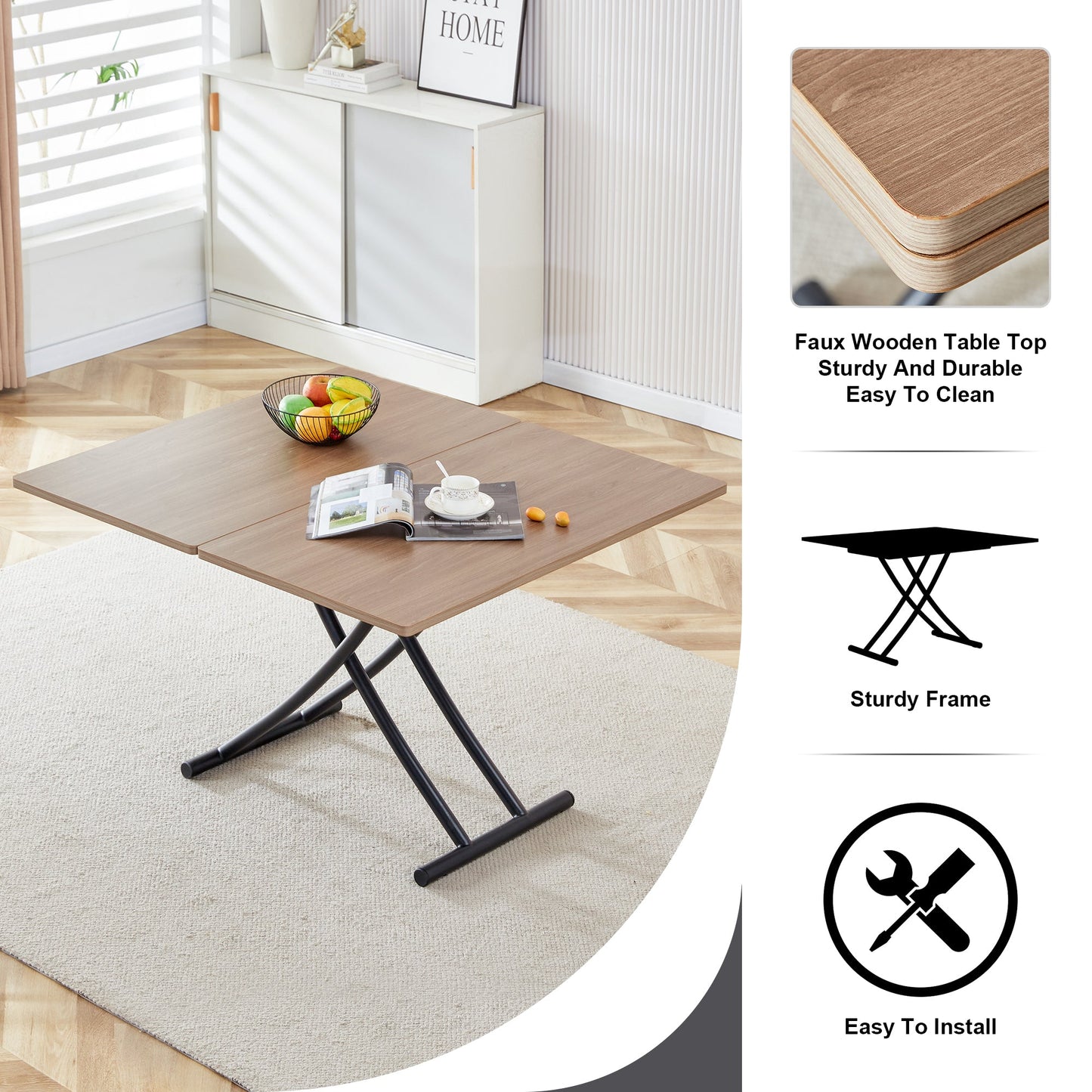 Modern Minimalist Multifunctional Lifting Table, With a 0.8-Inch Wood Grain Process Sticker Desktop and Black Metal Legs