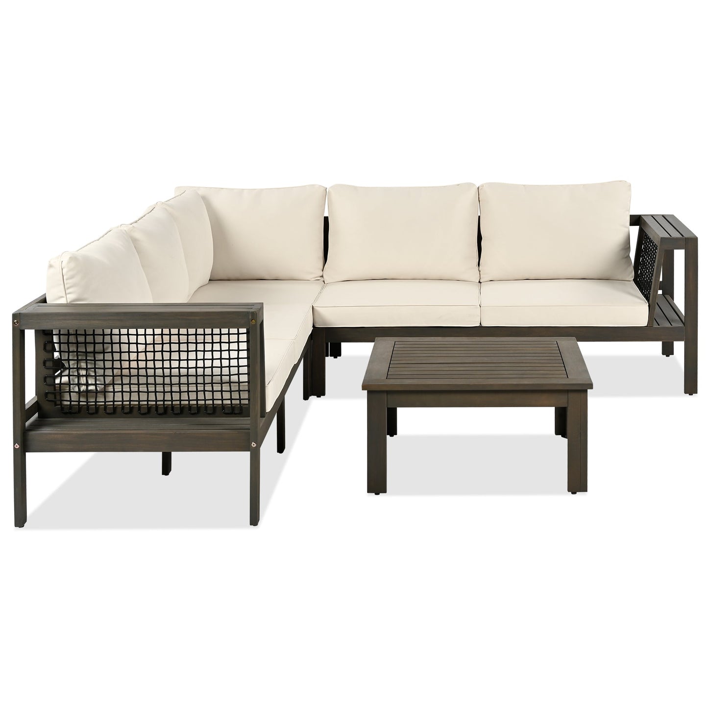 4 Pieces Outdoor Acacia Wood Sofa Set, Woven Mesh Armrests, L-Shaped Patio Furniture Sofa Set With Coffee Table, Outdoor
