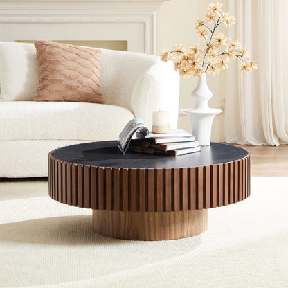 35.43'' Nesting Round Sintered Stone Tabletop Modern Drum Coffee Table Luxury Circle Coffee Table for Apartment Walnut