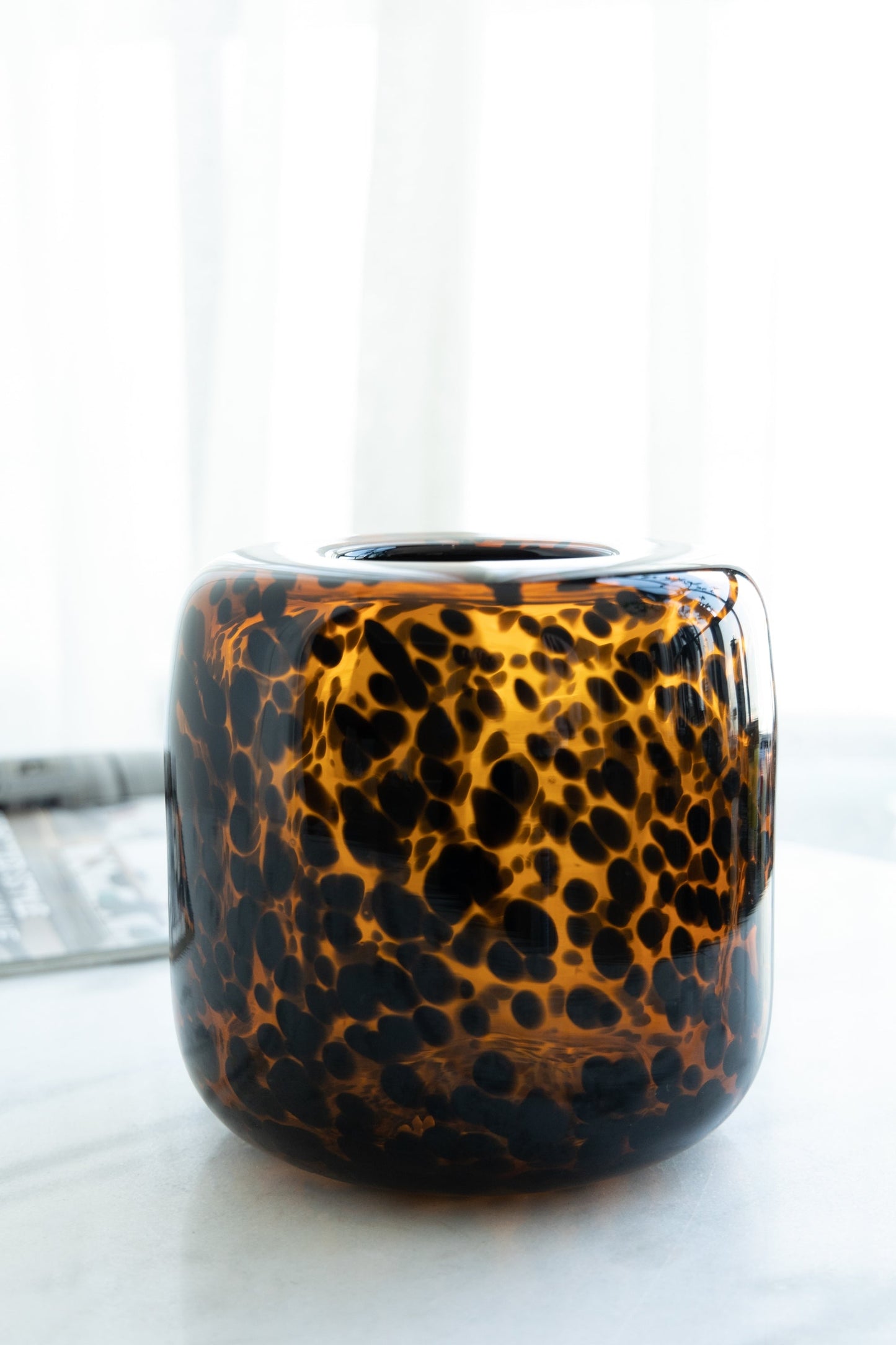 Brown and Amber Glass Vase With Cheetah Motif, Short, 7.9x7.9'