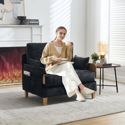 Mid-Century Modern Foldable Sofa Bed Recliner, 3-In-1 Convertible Sleeper With Three Pillows, Black Chenille for Small S