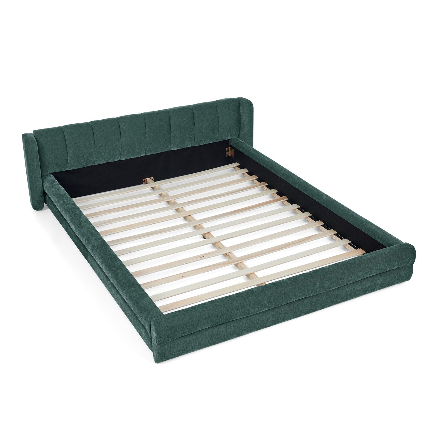 Modern Queen Size Upholstered Bed Frame With Chenille Fabric and Headboard in Blue-Green