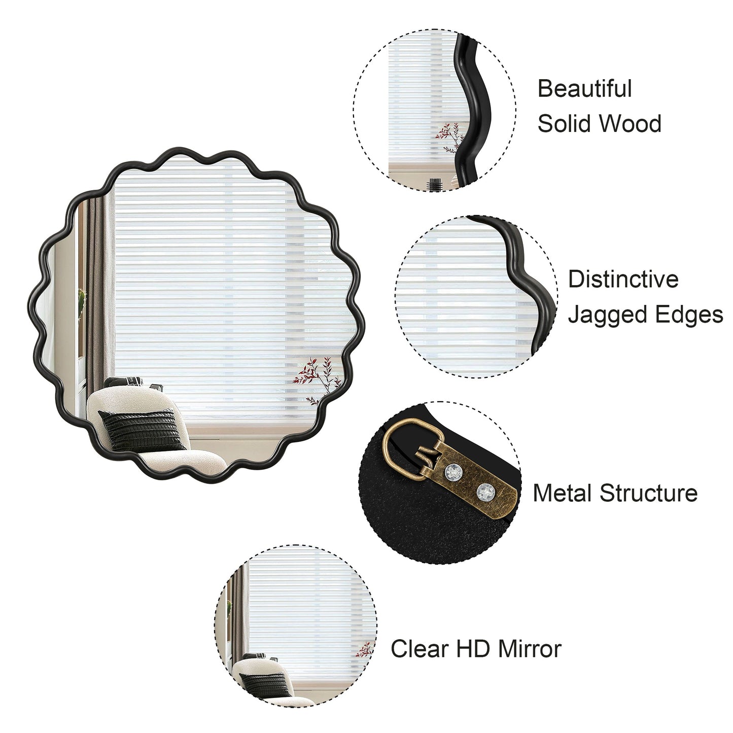 Solid Wood Wavy Mirror-Black Mirror Wall Decor 31' X 31' Modern Mirror Wall Decor for Bathroom, Bedroom, Living Room, Di