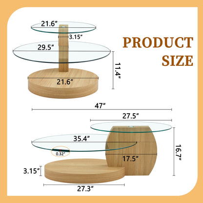 Modern Light Wood Grain Double Layer Coffee Table - Versatile Design, Multiple Colors, MDF and Reinforced Glass, Oval Co