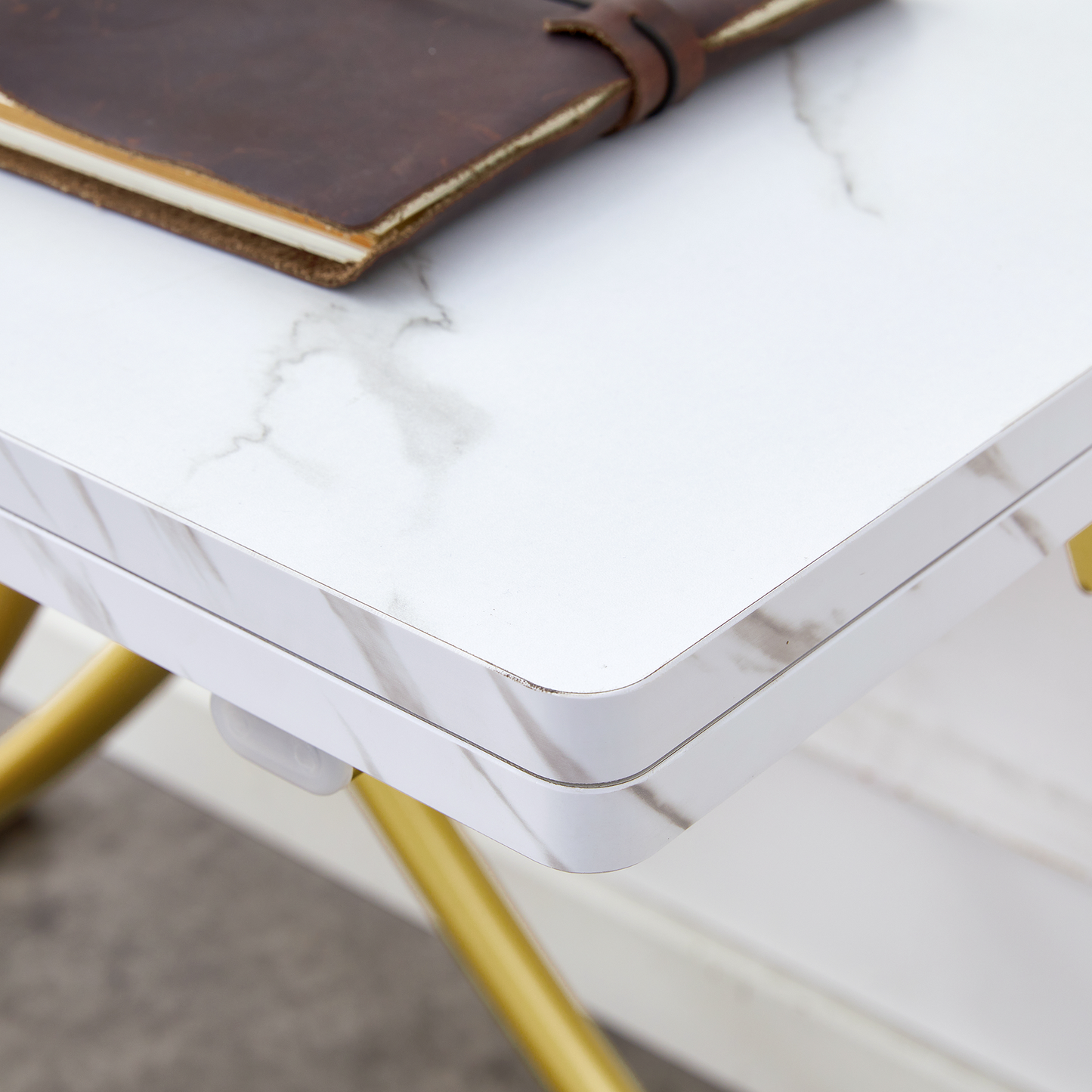 Table and Chair Set. Modern Multifunctional Lifting Platform, White Textured Sticker MDF Desktop, Gold Metal Legs. Paire