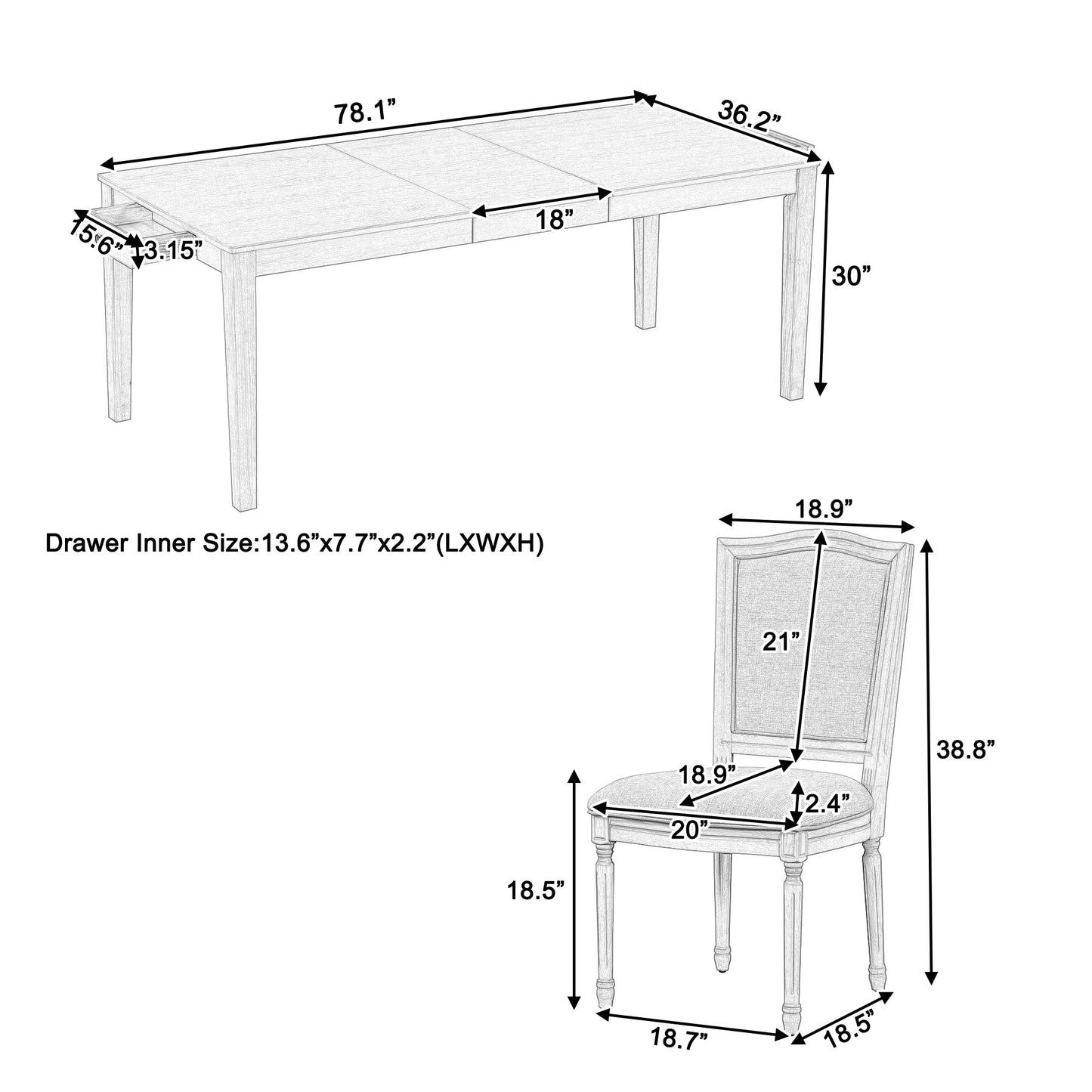 Rustic 7-Piece 78.1inch Extendable Dining Table Set With 18inch Removable Leaf, 6 Upholstered Dining Chairs, 2 Built-In