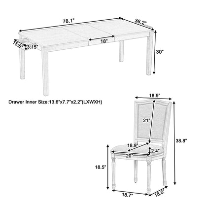 Rustic 7-Piece 78.1inch Extendable Dining Table Set With 18inch Removable Leaf, 6 Upholstered Dining Chairs, 2 Built-In