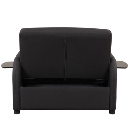 3-In-1 Pull Out Sofa Sleeper With Wing Table and USB Charge, Black Linen Upholstery, Iron Frame