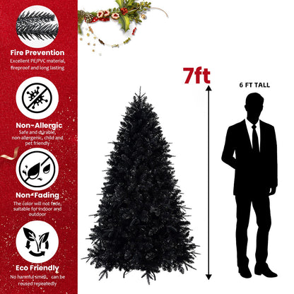 7ft Black Christmas Tree With 450 White LED Lights, 1916 Tips PE+PVC Artificial Tree for Halloween & Holiday Decor, Hing