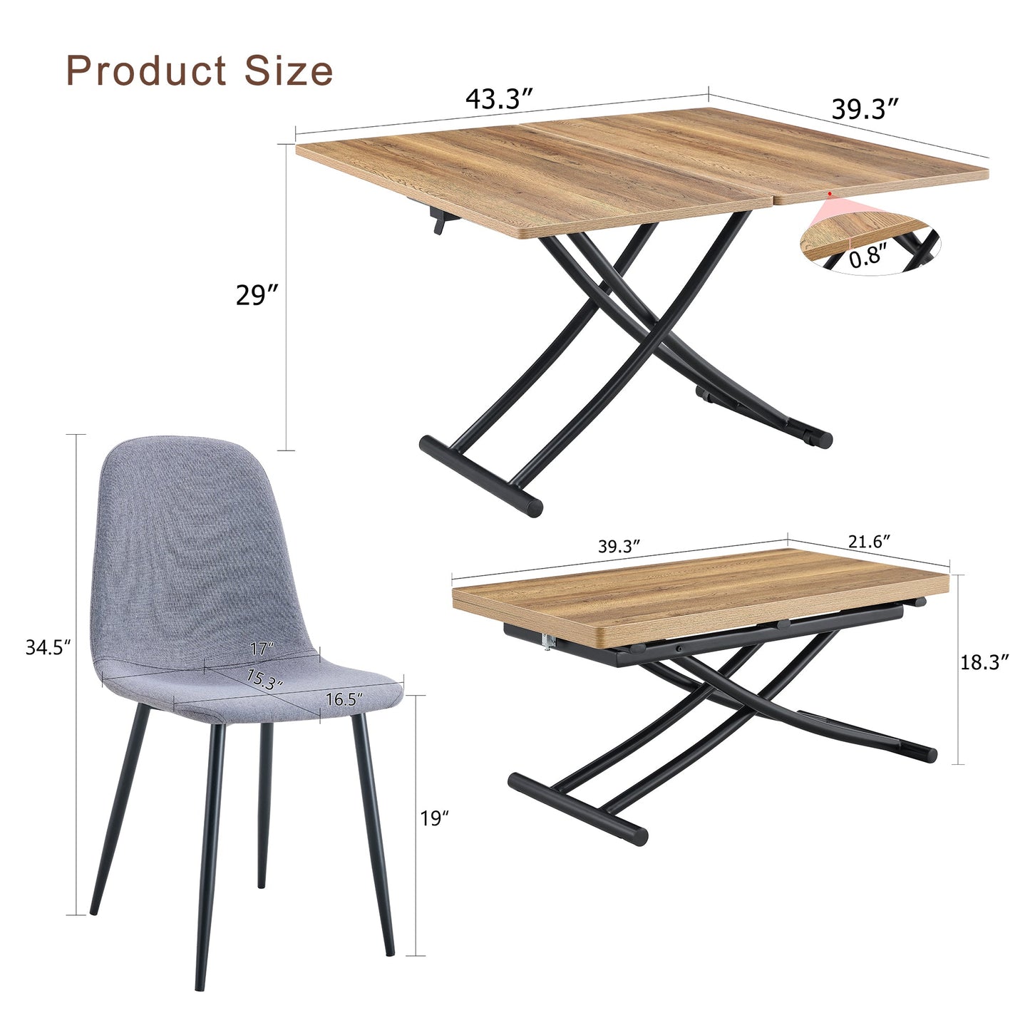 Table and Chair set.Modern Multifunctional Lifting Platform,Natural Wood Grain Sticker MDF Desktop, Black Metal Legs.Pai