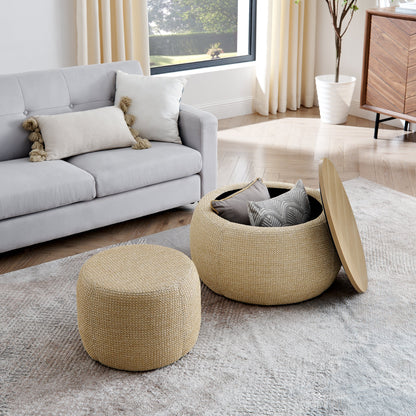 Round Storage Ottoman, Woven Rattan Fabric Ottoman, 2 in 1 Function, Work as End Table and Ottoman,with Small Seat-Natur
