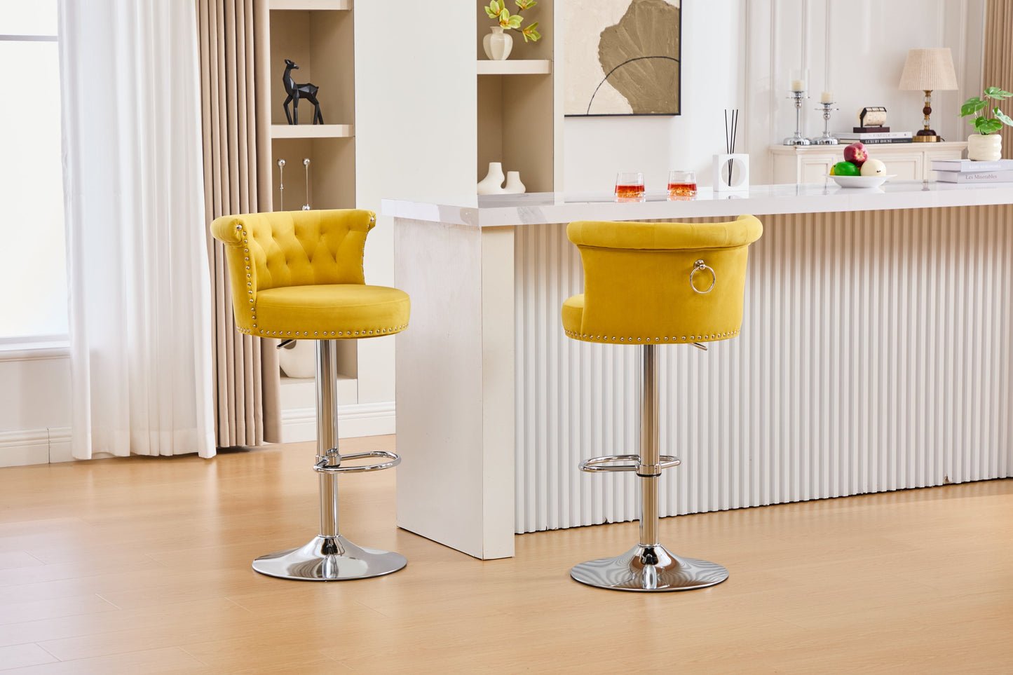 Velvet Bar Stool Set of 2, Adjustable Swivel Bar Stools With Silver Plated Metal Leg, Chrome Nailhead, Counter Height Ch