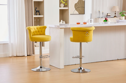 Velvet Bar Stool Set of 2, Adjustable Swivel Bar Stools With Silver Plated Metal Leg, Chrome Nailhead, Counter Height Ch