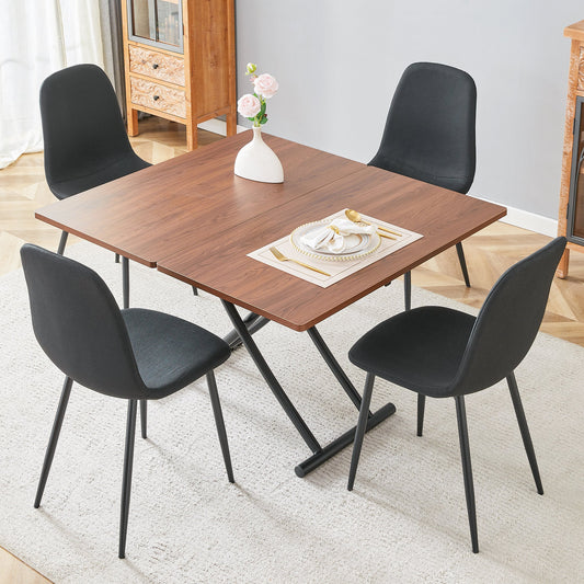 Table and Chair set.Modern Multifunctional Lifting Platform,Walnut Wood Grain Sticker MDF Desktop, Black Metal Legs.Pair