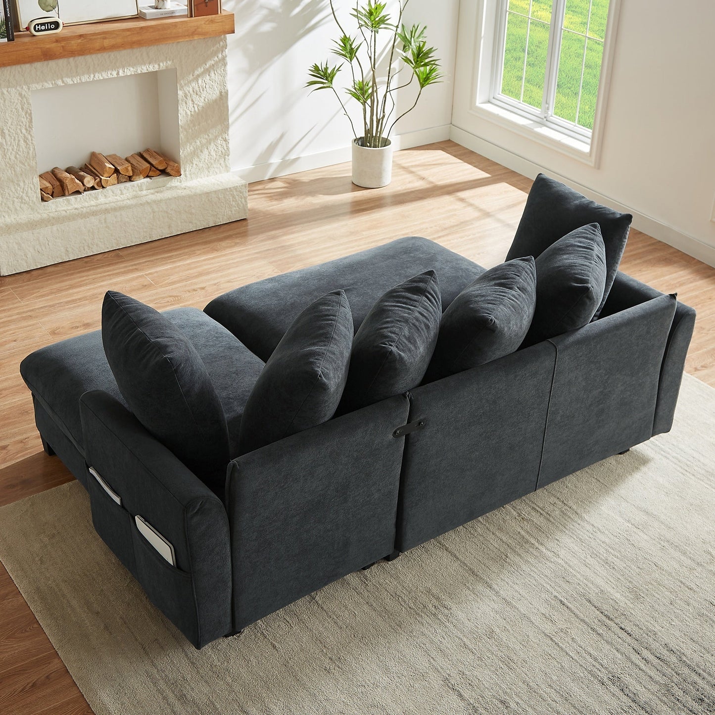 Black Upholstered 83' L-Shaped Sectional Sofa With Storage, Movable Ottoman, and Six Throw Pillows
