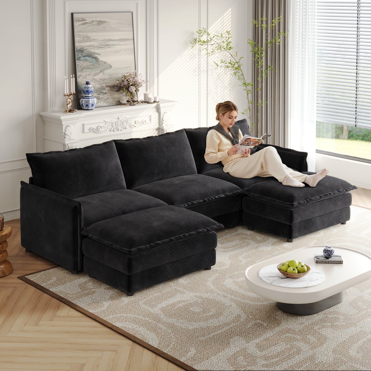 Corduroy Fabric 3-Seater Comfy Cloud Couch With 2 Movable Footrest for Living Room,Oversized Deep Seat U Shaped Couch Se