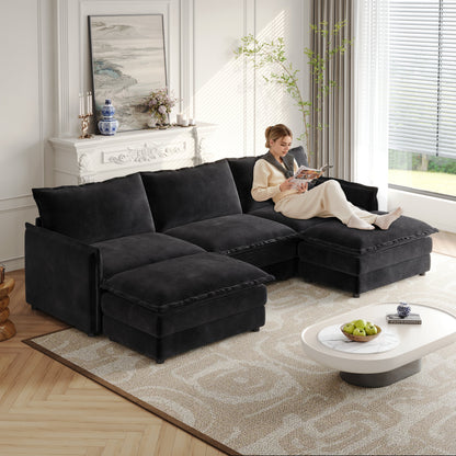 Corduroy Fabric 3-Seater Comfy Cloud Couch With 2 Movable Footrest for Living Room,Oversized Deep Seat U Shaped Couch Se