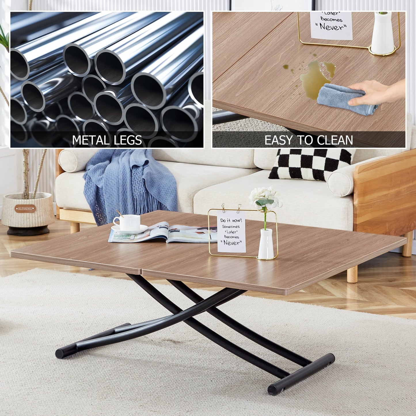 Modern Minimalist Multifunctional Lifting Table, With a 0.8-Inch Wood Grain Process Sticker Desktop and Black Metal Legs