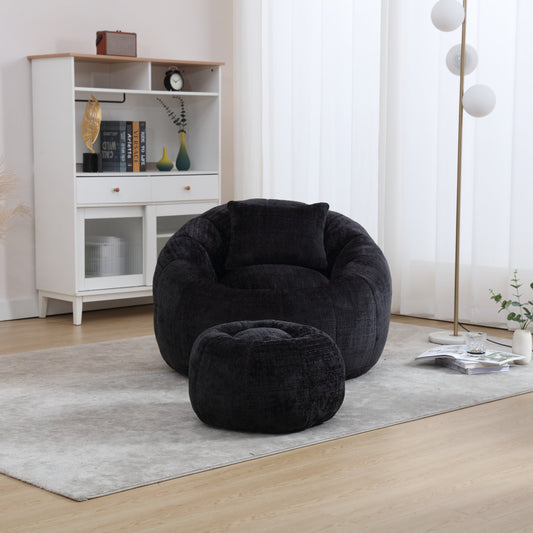 Modern Extra Large Round Bean Bag Chair With Footrest for Living Room, Chenille Fabric Lazy Sofa With Pillow for Adults,