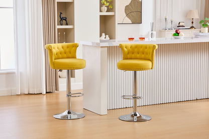 Velvet Bar Stool Set of 2, Adjustable Swivel Bar Stools With Silver Plated Metal Leg, Chrome Nailhead, Counter Height Ch