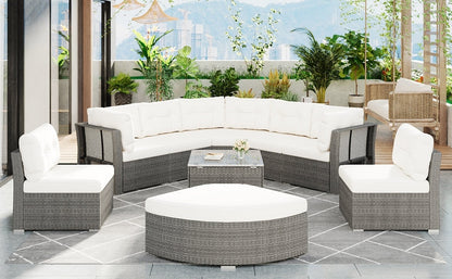 Patio Furniture Set Outdoor Daybed Rattan Sectional With Cushions and Center Table, Beige, Iron & Rattan, Multiple Sizes