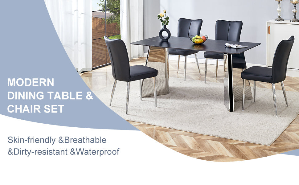 Table and Chair Set.63'x31.5x30' Black Marble-Patterned Slabs Tabletop With Stainless Steel Butterfly Legs.Paired With 4