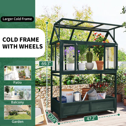 Garden Wood Portable Cold Frame With Movable Wheels Mini Greenhouse With Openable Roof and Storage Box, Forest Green