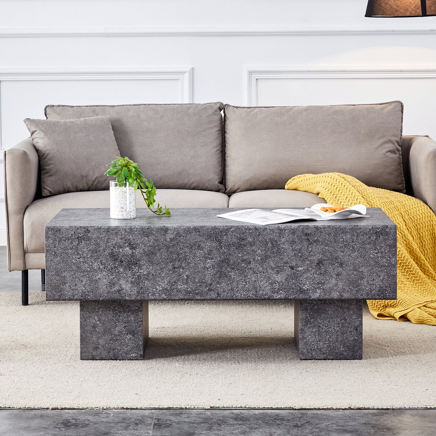 Modern Simple Gray Texture MDF Coffee Table With Spacious Top and Sturdy Legs, 43.3'x21.6'x17.2'