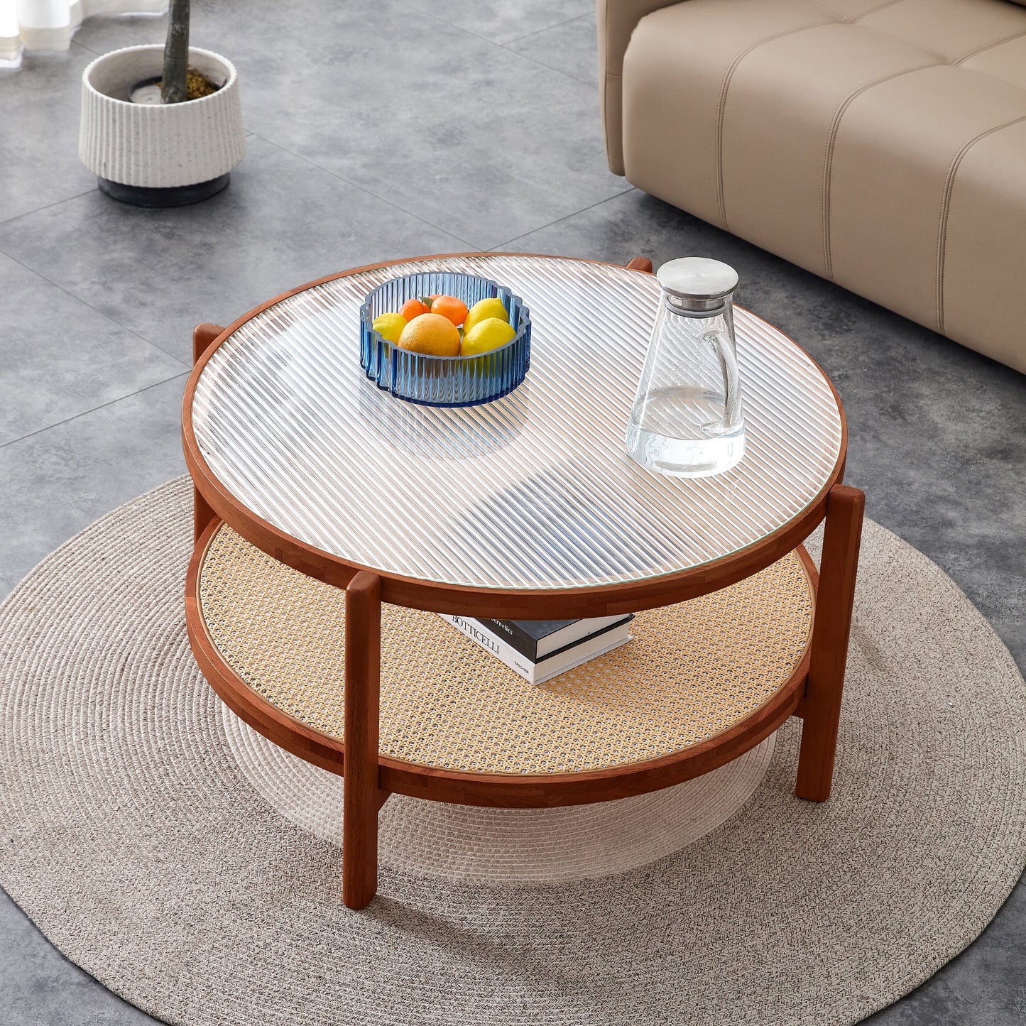 Modern Minimalist Circular Double-Layer Solid Wood Coffee Table With Glass Top, PE Rattan Layer, Walnut Finish