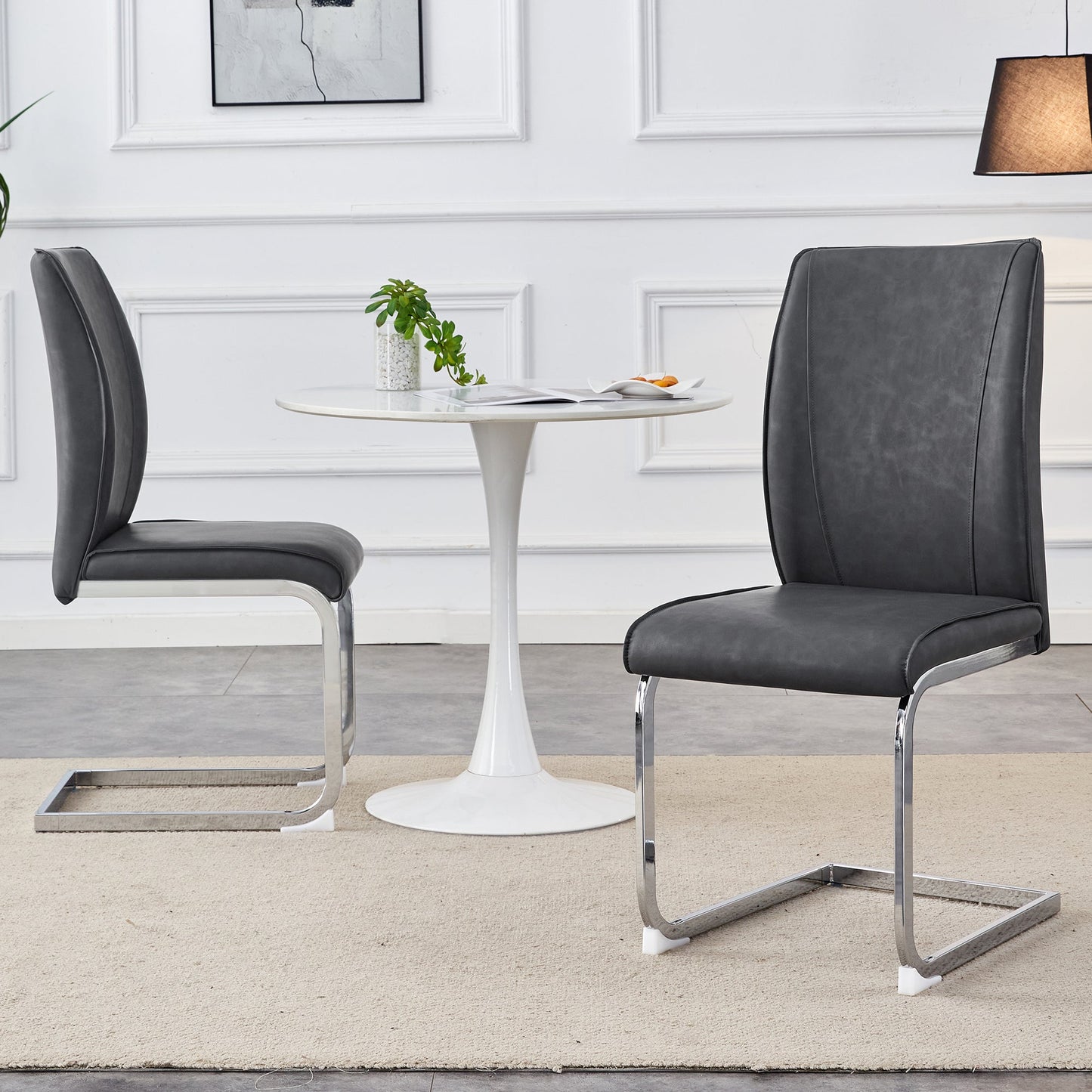 Luxury Simple Arch Chair - Set of 2 Dark Gray PU Material High Resilience Dining Chair With Arched Metal Silver Leg.Craz