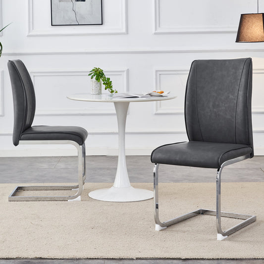 Luxury Simple Arch Chair - Set of 2 Dark Gray PU Material High Resilience Dining Chair With Arched Metal Silver Leg.Craz