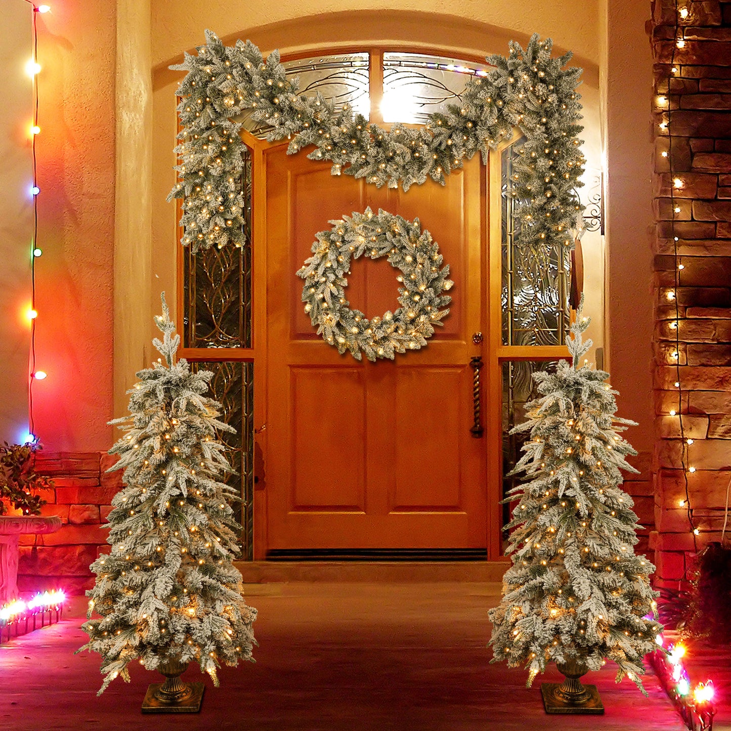 Pre-Lit Christmas Artificial Tree 4-Piece Set, Garland, Wreath and Set of 2 Entrance Trees, X-Mas With LED Lights, PVC F