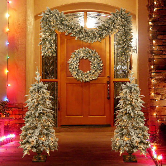 Pre-Lit Christmas Artificial Tree 4-Piece Set, Garland, Wreath and Set of 2 Entrance Trees, X-Mas With LED Lights, PVC F
