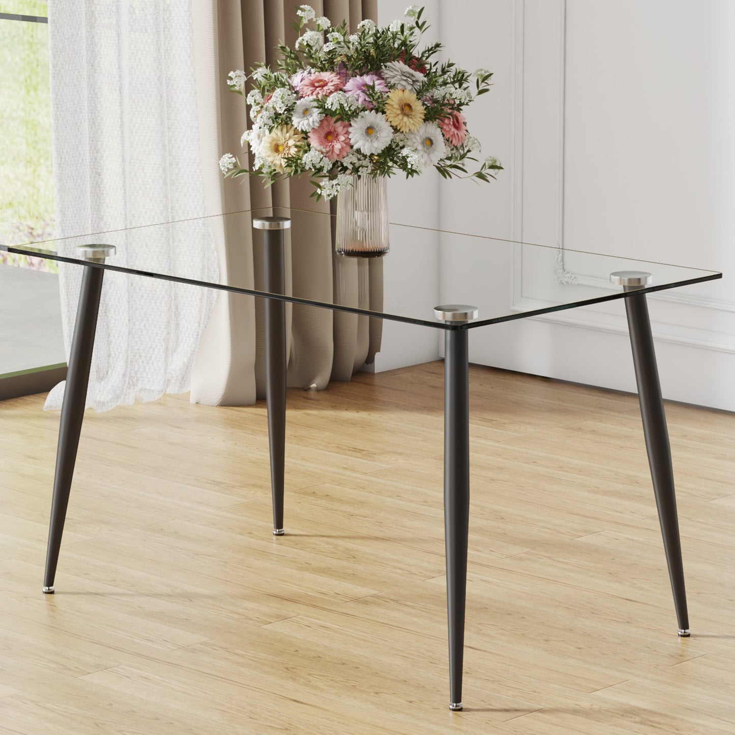 Modern Rectangular Glass Dining Table With Tempered Glass Top and Black Metal Legs for 4-6 People